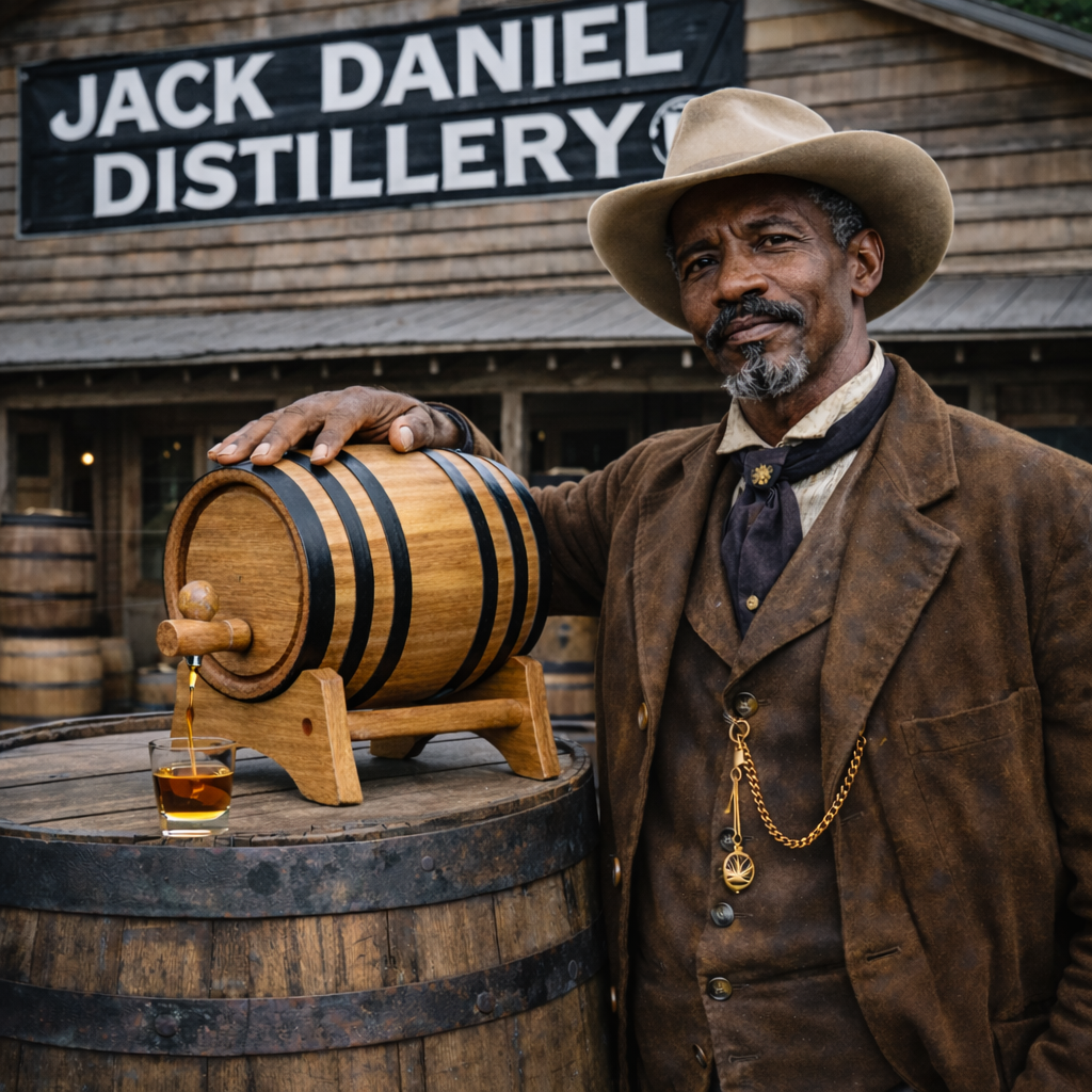 Portrait of Nathan “Uncle Nearest” Green standing in front of the historic Jack Daniel Distillery building with wooden barrels, dressed in 19th-century attire including a brown coat and wide-brim hat.