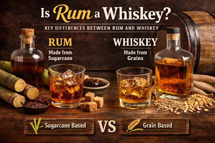 Infographic comparing rum and whiskey showing rum made from sugarcane and whiskey made from grains, with bottles, glasses on the rocks, sugarcane stalks and grain, highlighting key differences between rum and whiskey.