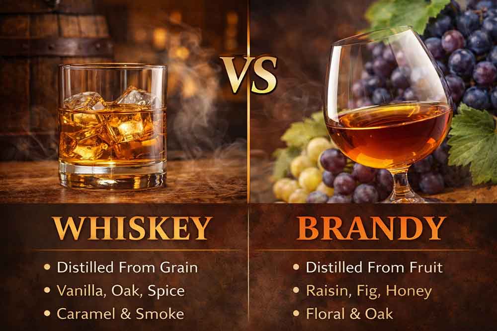 Side-by-side comparison image of whiskey and brandy showing grain-based whiskey with oak barrel and fruit-based brandy with grapes, highlighting differences in ingredients, flavor profiles, and aging.