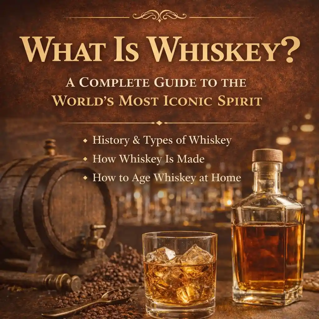 What is whiskey guide featuring a glass of whiskey, oak aging barrel, and whiskey bottle in a warm bar setting illustrating how whiskey is made and aged.
