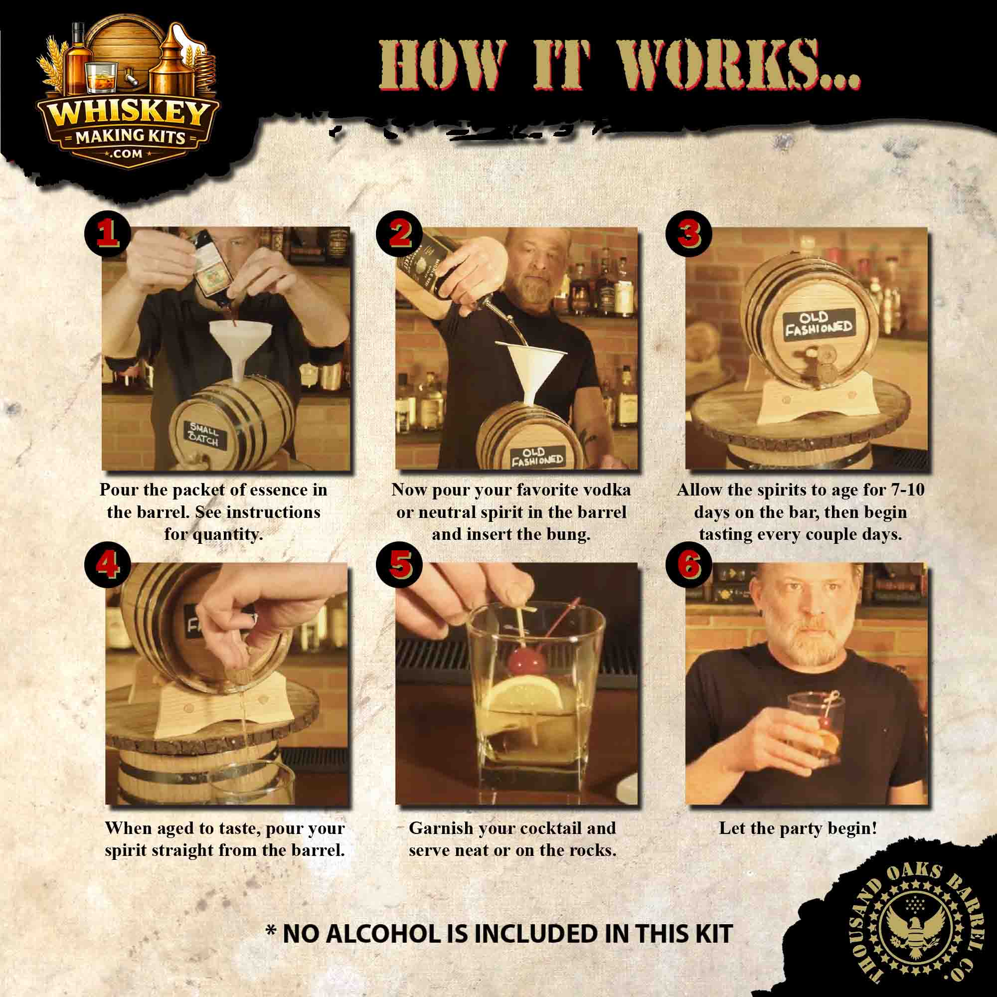 Step-by-step instructions showing how to use a whiskey making kit with oak barrel to age spirits and craft cocktails at home.