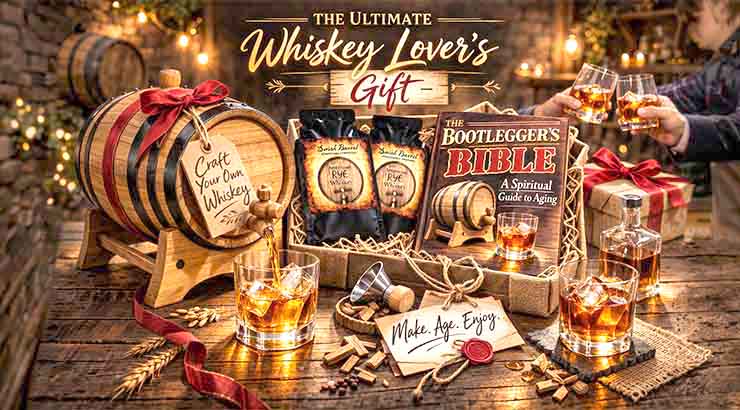 Promotional image of a “Whiskey Lover’s Gift” set featuring a small wooden aging barrel labeled “Craft Your Own Whiskey,” two rye whiskey ingredient kits, a book titled The Bootlegger’s Bible: A Spiritual Guide to Aging, and several glasses of whiskey on a rustic wooden table with warm, festive lighting and gift decorations.
