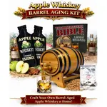 Apple Whiskey Making Kit with oak aging barrel, premium apple whiskey essence, Bootlegger’s Bible guide, fresh apples, cinnamon sticks, and whiskey glass for home infusion and aging.