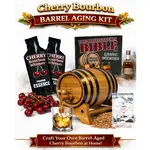 Cherry Bourbon Whiskey Making Kit with oak barrel aging on wooden stand, premium cherry bourbon essence, fresh cherries, glass of whiskey on ice, and complete home infusion accessories.