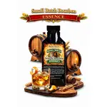 Small Batch Bourbon Essence 20ml premium straight bourbon whiskey flavor concentrate with mini oak barrels and glass of bourbon on the rocks.