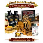 Small Batch Straight Bourbon Whiskey aging barrel kit with premium essence, glass of bourbon, corn and grain background, and Bootlegger’s Bible guide for home whiskey making.