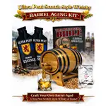 Ultra Peat Whisky home aging kit with oak barrel, peated whiskey essence, smoky Scotch style setup and glass