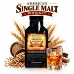 American Single Malt Whiskey Essence pouch by Swish Barrel with malted grain, oak barrel and wood, alongside a crystal glass of amber whiskey over ice.