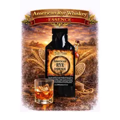 American Rye Whiskey Essence 20ml premium concentrate bottle with glass of rye whiskey, rye grain, and oak barrel background.