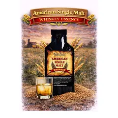American Single Malt Whiskey Essence 20ml premium flavor concentrate with malted barley and glass of single malt style whiskey.