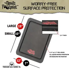 Barrel mat dimensions showing large 19 inch and small 10 inch waterproof spill tray sizes.