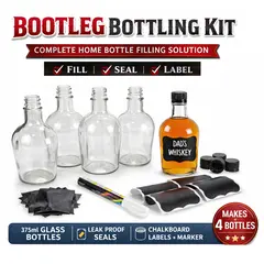 Bootleg Bottling Kit complete home bottle filling solution including four 375ml glass bottles, leak-proof caps, chalkboard labels, marker, and finished Dad’s Whiskey bottle on white background.