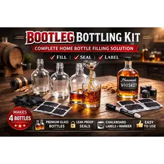 Bootleg Bottling Kit complete home bottle filling solution featuring glass bottles, funnel pouring whiskey, chalkboard labels, marker, leak-proof caps, and finished homemade whiskey bottle on rustic wood background.