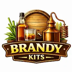 Brandy Kits logo featuring an oak aging barrel, copper distillation still, glass of brandy, and bottle, designed for DIY home brandy making and aging kits.