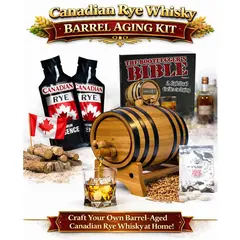 Canadian Rye Whisky Making Kit with charred American white oak aging barrel, premium essence packets, Bootlegger’s Bible guide, glass of rye whiskey on the rocks, Canadian flag accents, and complete home whiskey barrel accessories set.