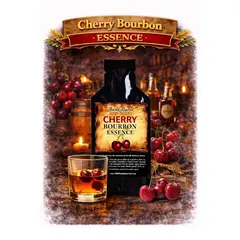 Cherry Bourbon Essence 20ml premium flavor concentrate with glass of cherry bourbon whiskey and fresh cherries.