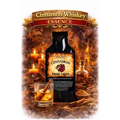 Cinnamon Whiskey Essence 20ml premium flavor concentrate with cinnamon sticks and glass of homemade cinnamon whiskey.