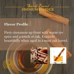 Cinnamon Whiskey flavor profile showing fiery cinnamon spice, warm rye character and touch of oak enhanced by mini barrel aging.