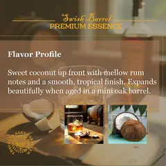 Coconut Rum flavor profile showing sweet coconut, mellow rum notes and smooth tropical finish enhanced by mini oak barrel aging.