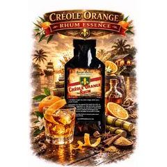 Creole Orange Rhum Essence 20ml premium Caribbean orange rum flavor concentrate with orange slices and cocktail glass.