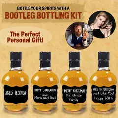 Four personalized whiskey bottles labeled for gifts and special occasions