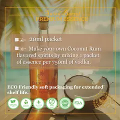 Instructions for mixing Coconut Rum Essence with 750ml vodka or neutral alcohol to create homemade coconut rum.
