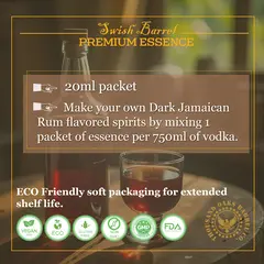 Instructions for making Dark Jamaican Rum at home by mixing 20ml essence with 750ml vodka to create bold Caribbean-style rum flavor.