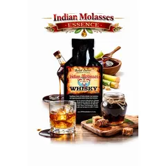 Indian Molasses Whisky Essence 20ml premium flavor concentrate with molasses syrup and glass of dark whisky on the rocks.