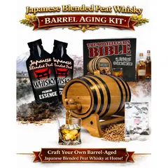 Japanese Blended Peat Whisky Making Kit with oak aging barrel, peated whisky essence pouches, Bootlegger’s Bible guide, and home whiskey barrel aging accessories displayed with Mount Fuji background.