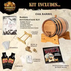 Japanese Blended Peat Whisky making kit includes oak aging barrel, premium essence packets, barrel restoration kit, funnels, bung, spigot, stand, and Bootlegger’s Bible guide book.