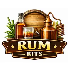 Rum kits logo featuring a wooden aging barrel, copper still, rum bottle, glass with ice, sugarcane, and bold lettering on a white background.