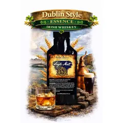Single Malt Irish Whiskey Essence Dublin Style 20ml concentrate with malted barley and glass of Irish whiskey on the rocks.