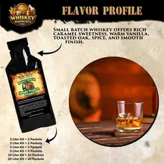 Small Batch Straight Bourbon Whiskey flavor profile with premium essence packet and glass of oak-aged bourbon showing caramel, vanilla, toasted oak, and spice notes.