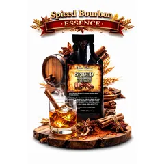 Spiced Bourbon Essence 20ml premium cinnamon spiced bourbon whiskey flavor concentrate with cinnamon sticks and glass of spiced bourbon.