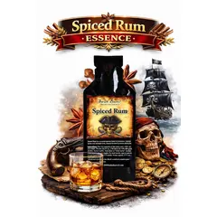 Spiced Rum Essence 20ml premium Caribbean style cinnamon and clove rum flavor concentrate with glass of golden spiced rum.