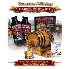 Tennessee Whiskey Making Kit with oak aging barrel, premium Tennessee whiskey essence, glass of charcoal mellowed whiskey, and complete DIY whiskey barrel set.