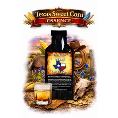 Texas Sweet Corn Whiskey Essence 20ml bottle with glass of golden corn whiskey and Texas western background.