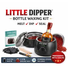 Little Dipper Bottle Waxing Kit with electric wax warmer, aluminum melting pot, red sealing wax beads, stirring sticks, marker, and bourbon bottle being dipped for professional bottle sealing on white background.