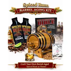 Spiced rum flavor profile showing oak barrel aging kit with cinnamon, clove, vanilla, nutmeg, caramel notes and premium rum essence bottle.