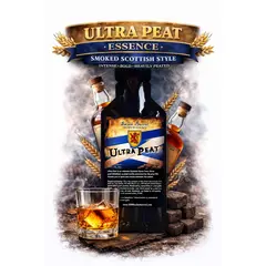 Ultra Peat Whisky Essence 20ml bottle with glass of smoky peated Scotch-style whisky and peat blocks.