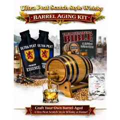Ultra Peat Whisky home aging kit with oak barrel, peated whiskey essence, smoky Scotch style setup and glass