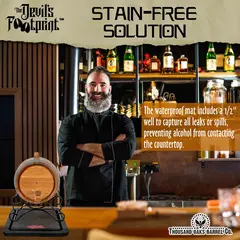 Waterproof barrel mat with deep spill well preventing alcohol stains on bar countertop.