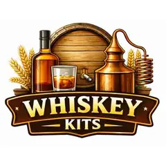 Whiskey Making Kit logo featuring a wooden barrel, copper still, whiskey bottle, glass with ice, and bold gold lettering on a white background.