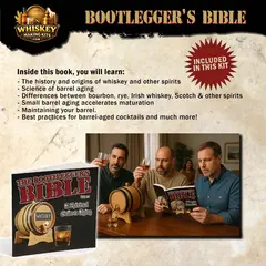 Bootlegger’s Bible whiskey and rum aging guide included with small barrel making kit