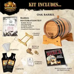 Indian Molasses Whisky barrel aging kit contents including oak barrel, whisky essence packets, funnels, restoration kit, and aging accessories.