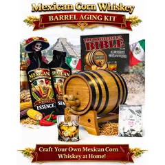 Mexican Corn Whiskey barrel aging kit with American oak barrel, whiskey essence packets, glass of whiskey on ice and cultural heritage backdrop