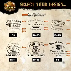 Personalized whiskey barrel engraving design options for custom whiskey making kit including distillery style labels.