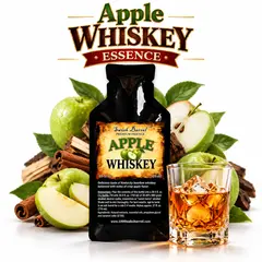Apple Whiskey Essence pouch by Swish Barrel surrounded by fresh green apples, cinnamon and oak wood, with a crystal glass of amber whiskey over ice.
