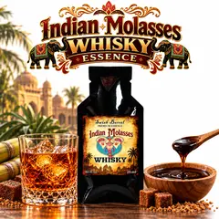 Indian Molasses Whisky Essence pouch by Swish Barrel with sugarcane, jaggery and rich molasses, alongside a crystal glass of amber whisky over ice with Indian-inspired decorative accents.