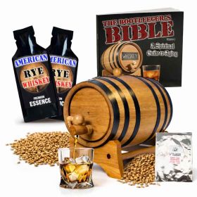 American Rye Whiskey Making Kit with oak aging barrel, rye grain, premium essence packets and whiskey glass
